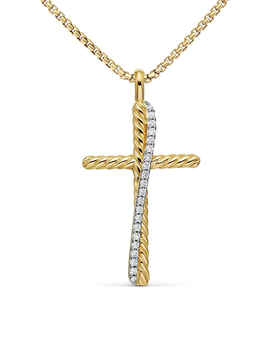 Women's Crossover Cross Necklace in 18K Yellow Gold with Diamonds, 35.6MM - Diamond - Size 17