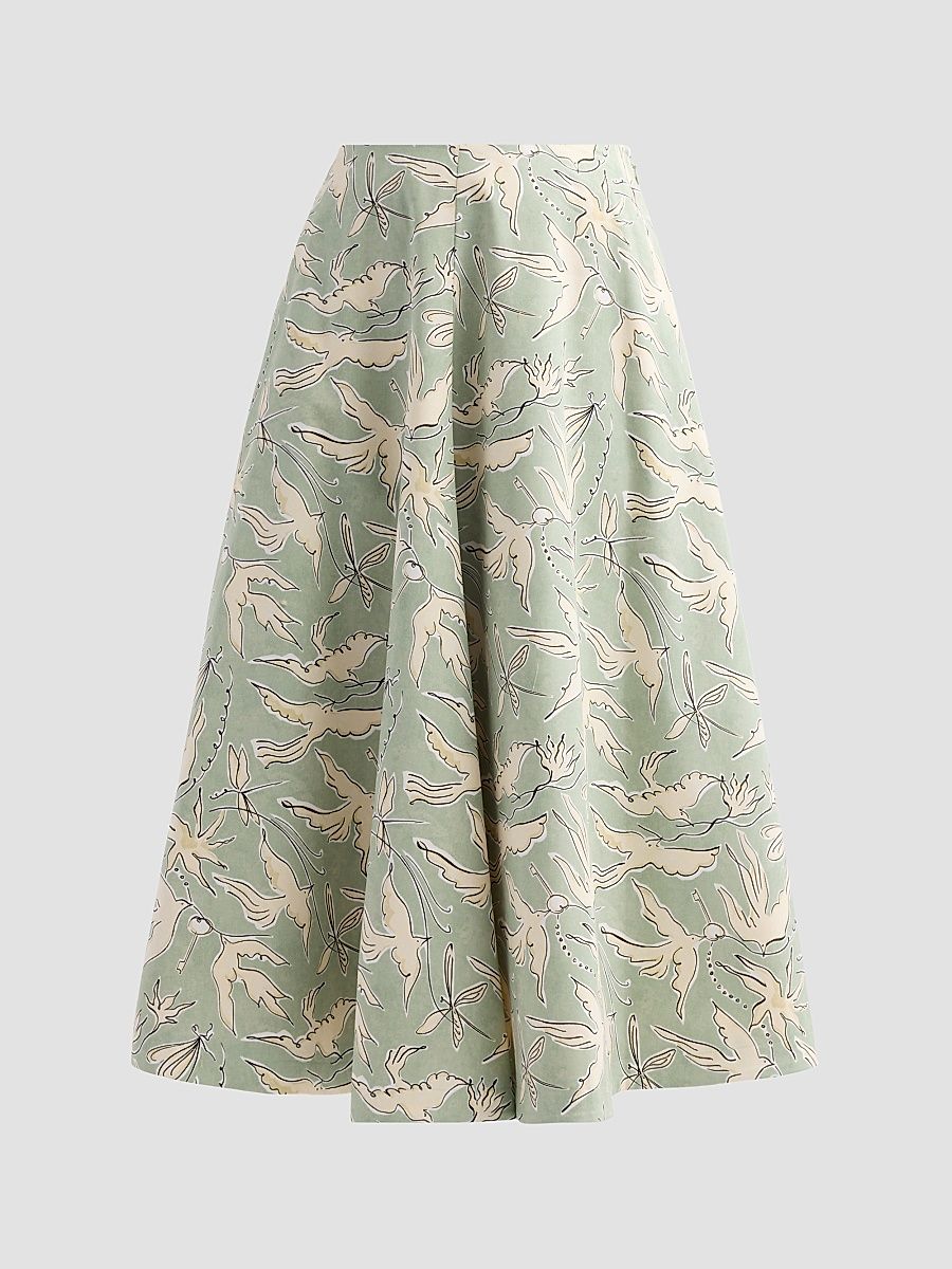 Women's Varda Bird-Print Panelled Midi Skirt - Desert Sage Bird - Size 14