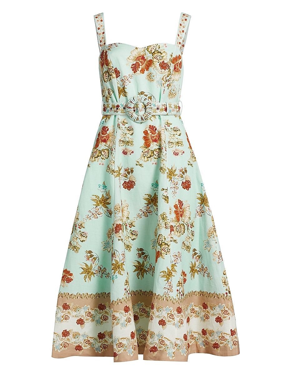 Women's Rohi Floral Linen-Cotton Belted Midi-Dress - Turquoise Mix - Size XL