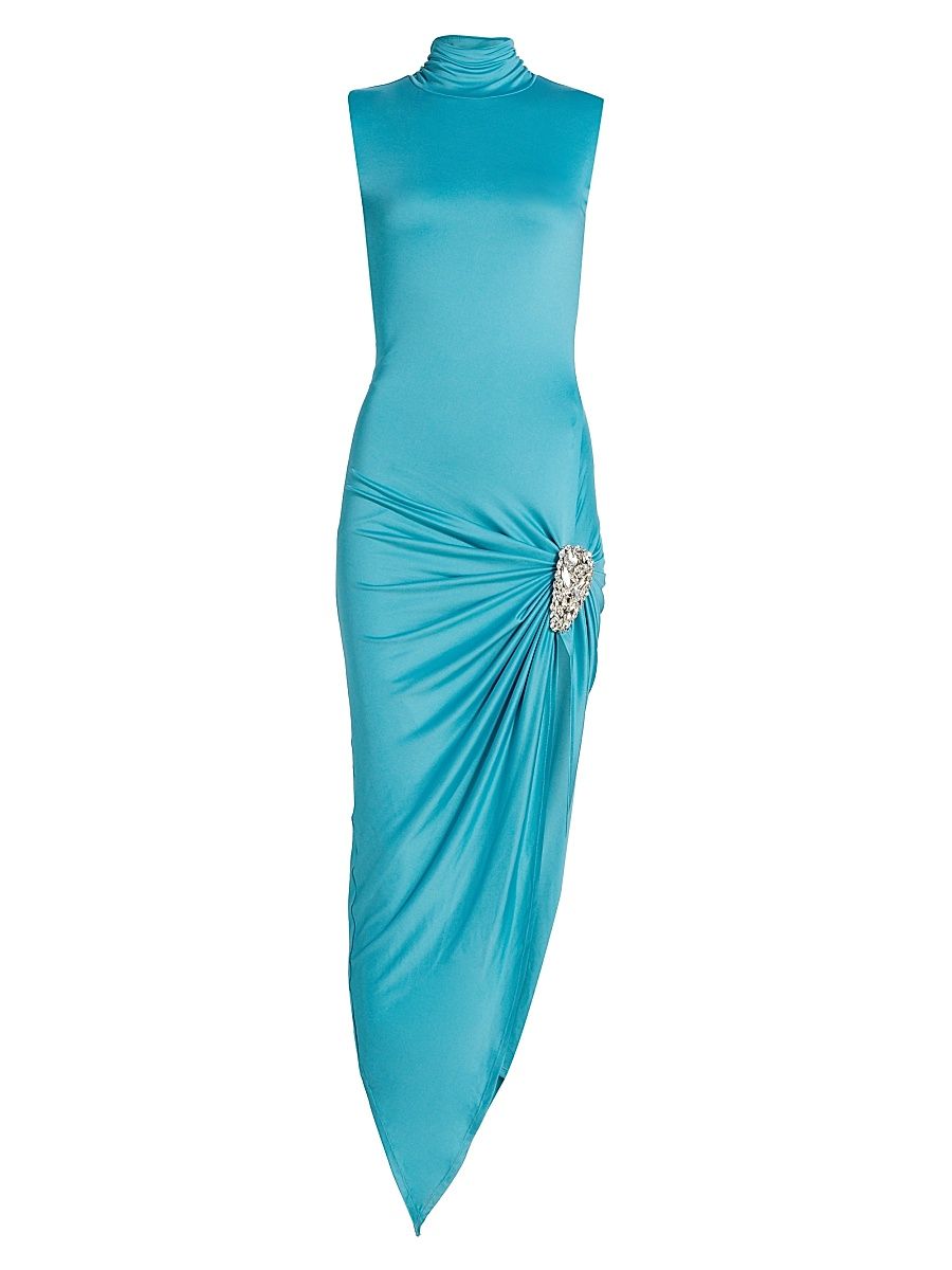 Women's Draped Crystal Cluster Midi-Dress - Teal - Size Large