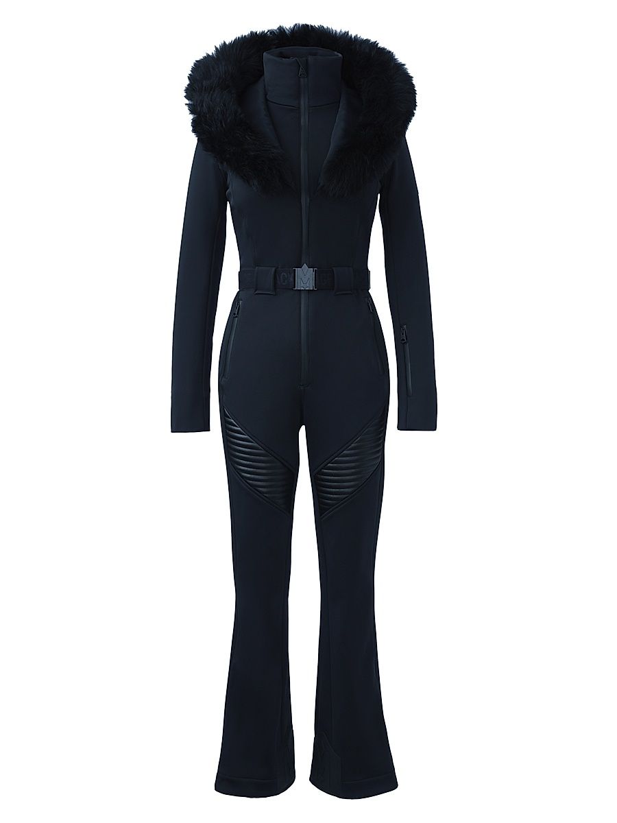 Women's Elle Belted Shearling-Trimmed Shell Ski Suit - Black - Size Medium