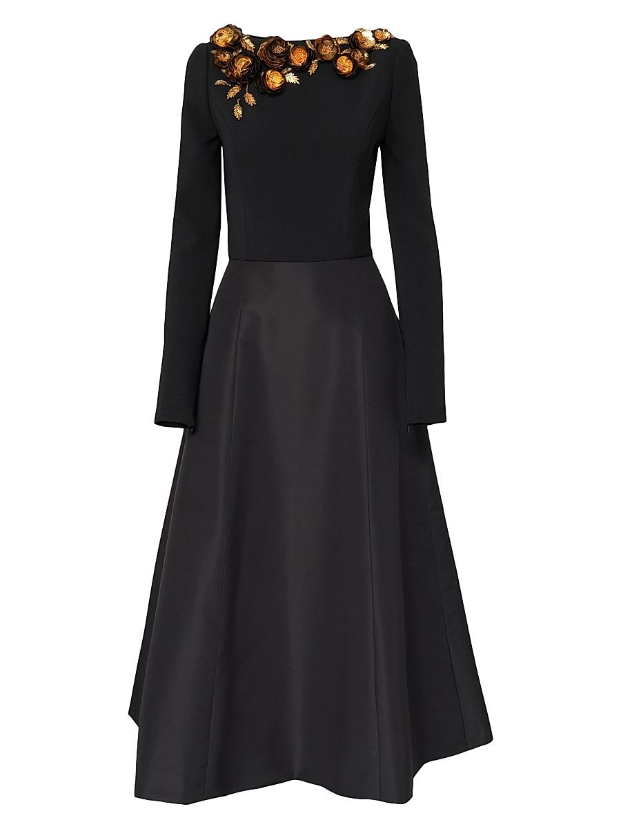 Women's Embellished Silk Fit & Flare Midi-Dress - Black Multi - Size 12