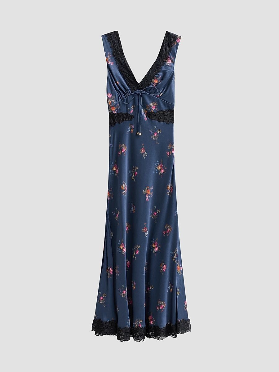 Women's Inset-Lace Printed Satin Midi Dress - Navy - Size 12