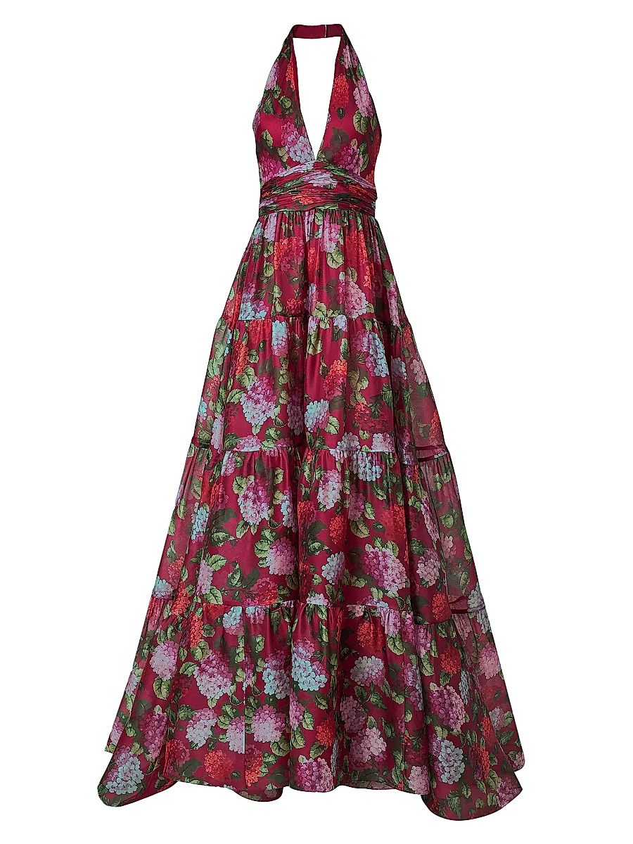 Women's Floral Halterneck Tiered Gown - Cranberry Multi - Size 10