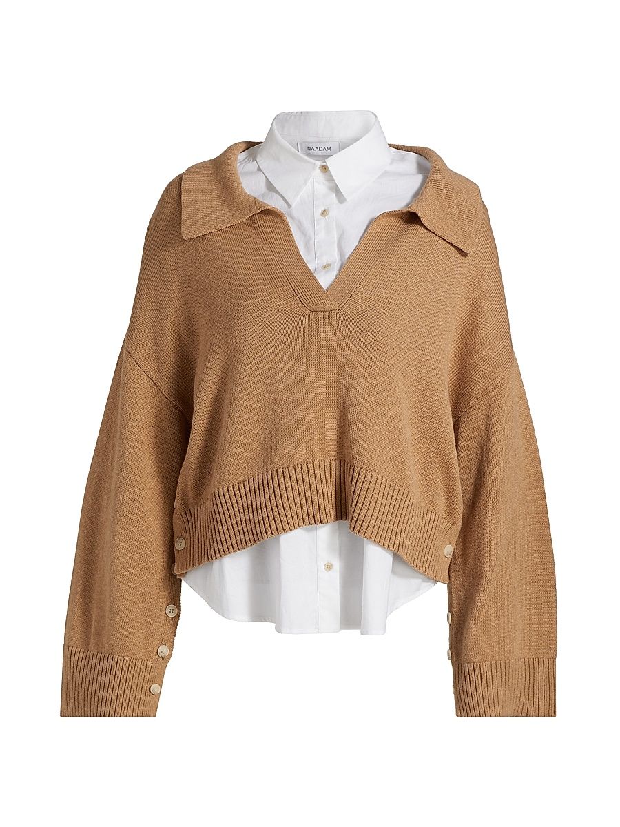 Women's 2-Piece Mixed Media Cotton-Cashmere Set - Camel - Size Medium