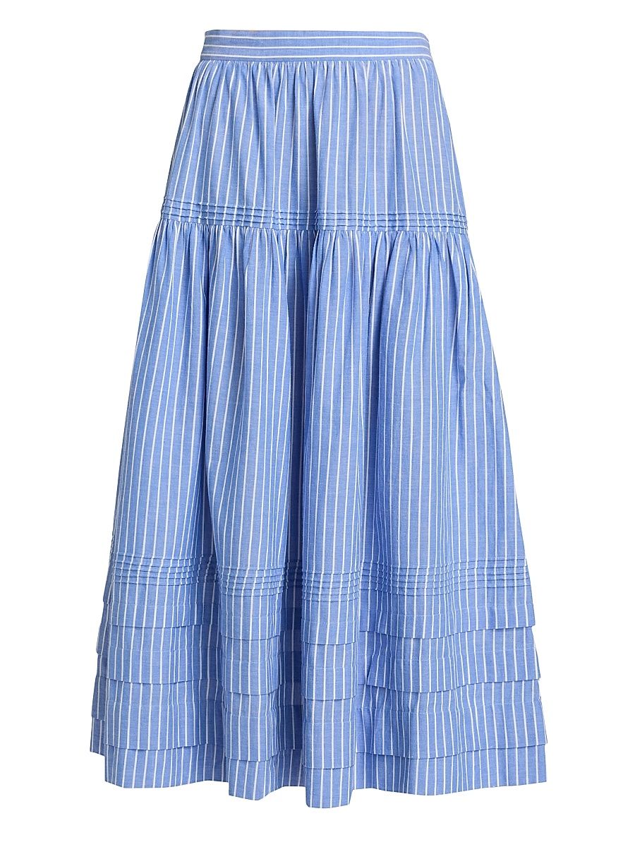 Women's Sebastiane Tiered Striped Cotton Midi-Skirt - Deauville Stripe - Size XS