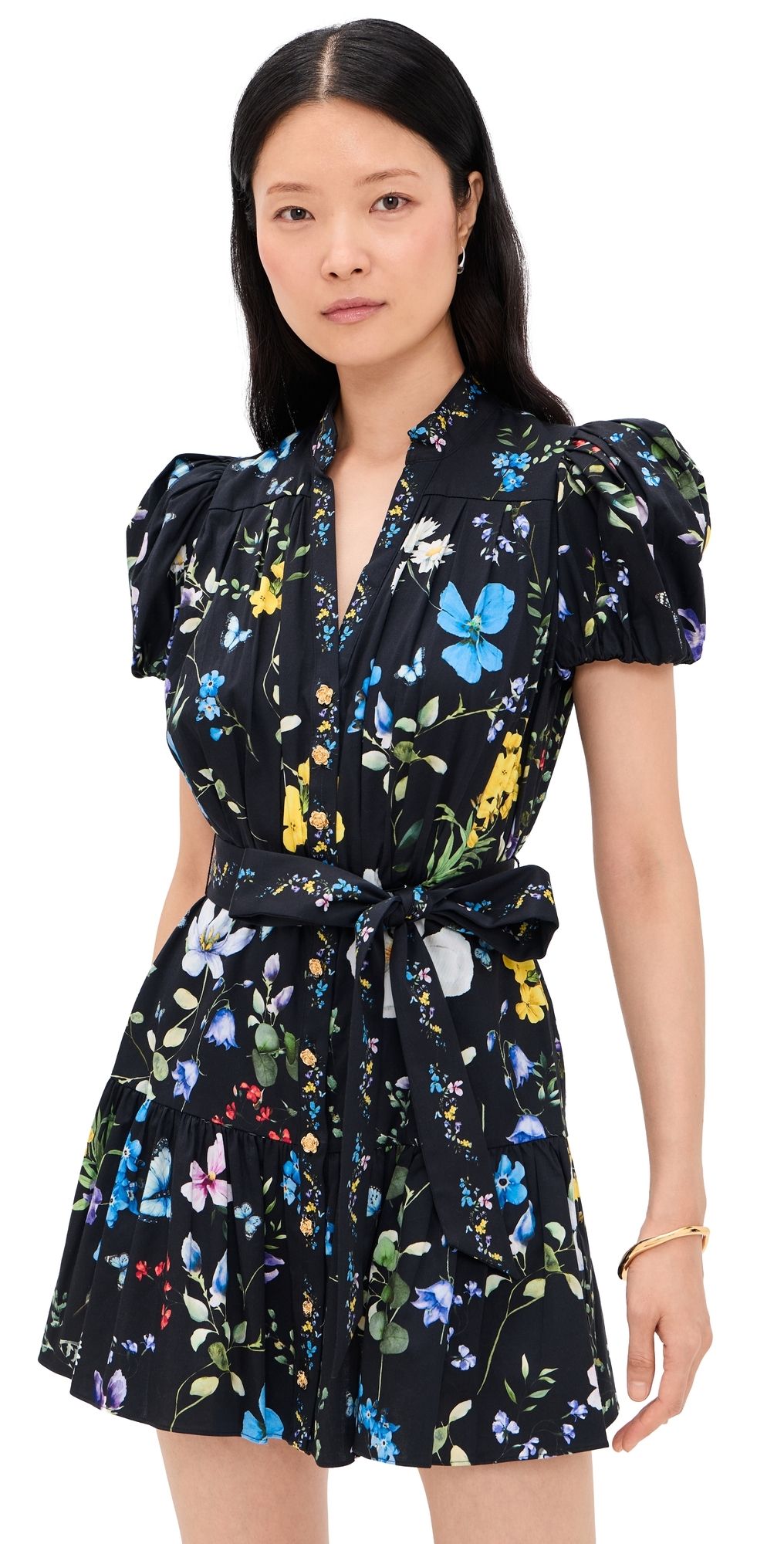 ALICE + OLIVIA Cora Short Sleeve Tiered Mini Shirt Dress TWISTING VINES BLACK S