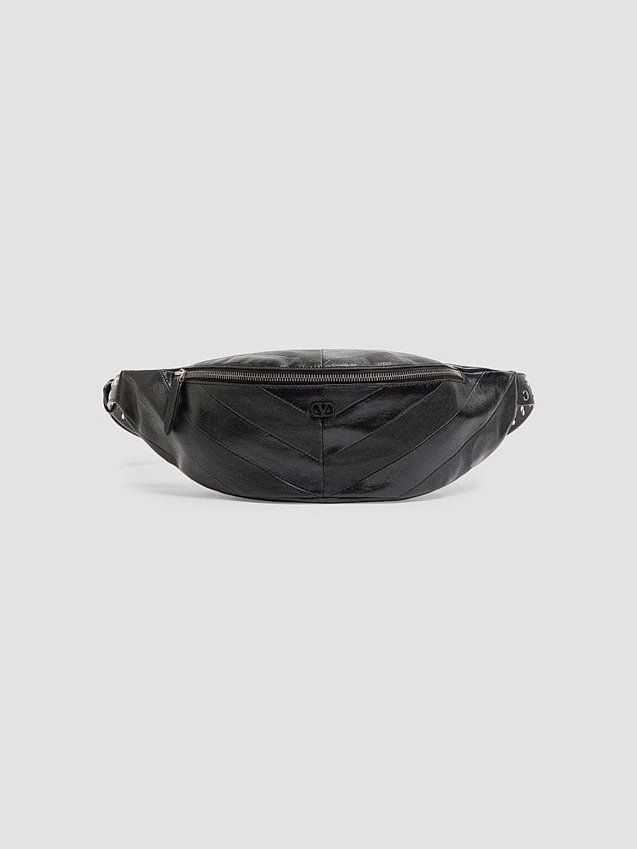 Men's Jean Waist Bag in Patchwork Nappa Leather with Chevron Pattern - Black