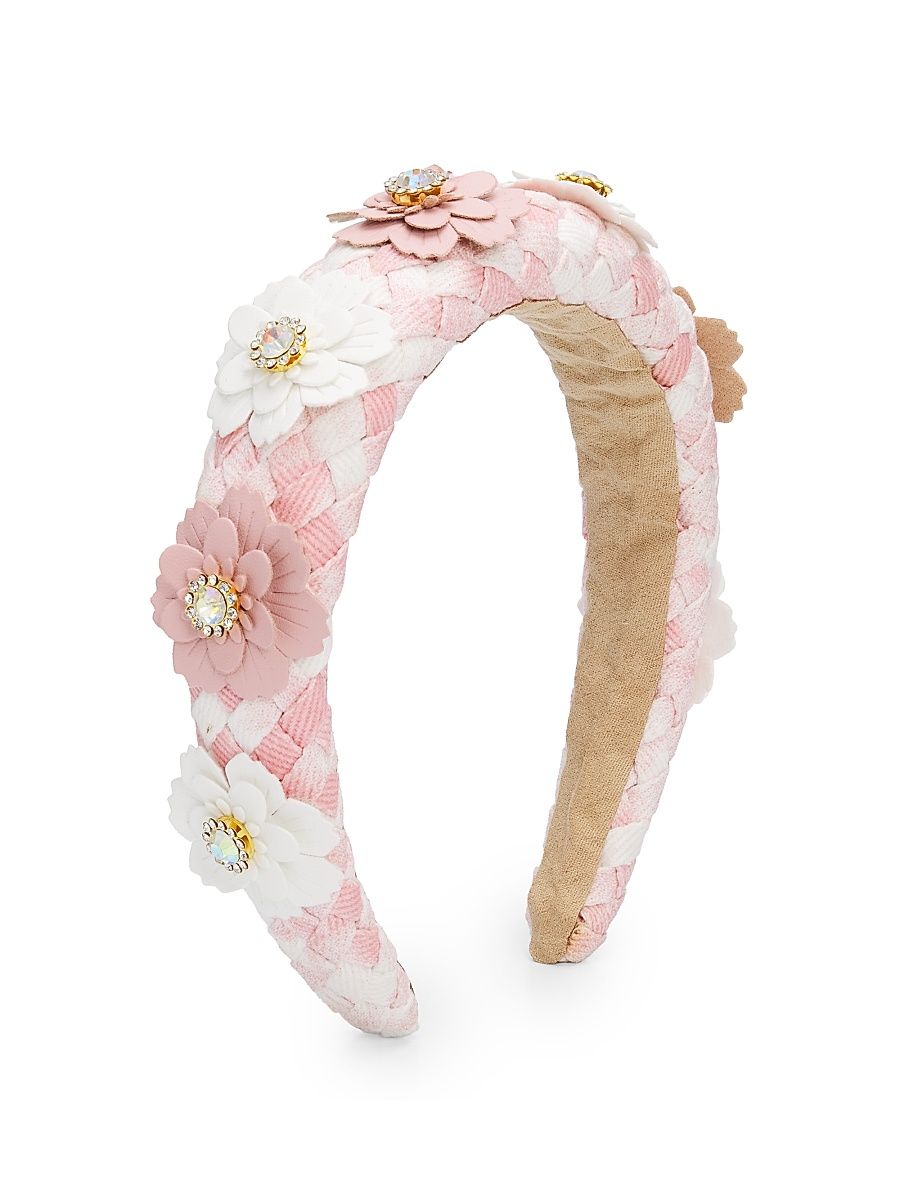 Girl's Flower Appliqués Embellished Weave Headband - Pink