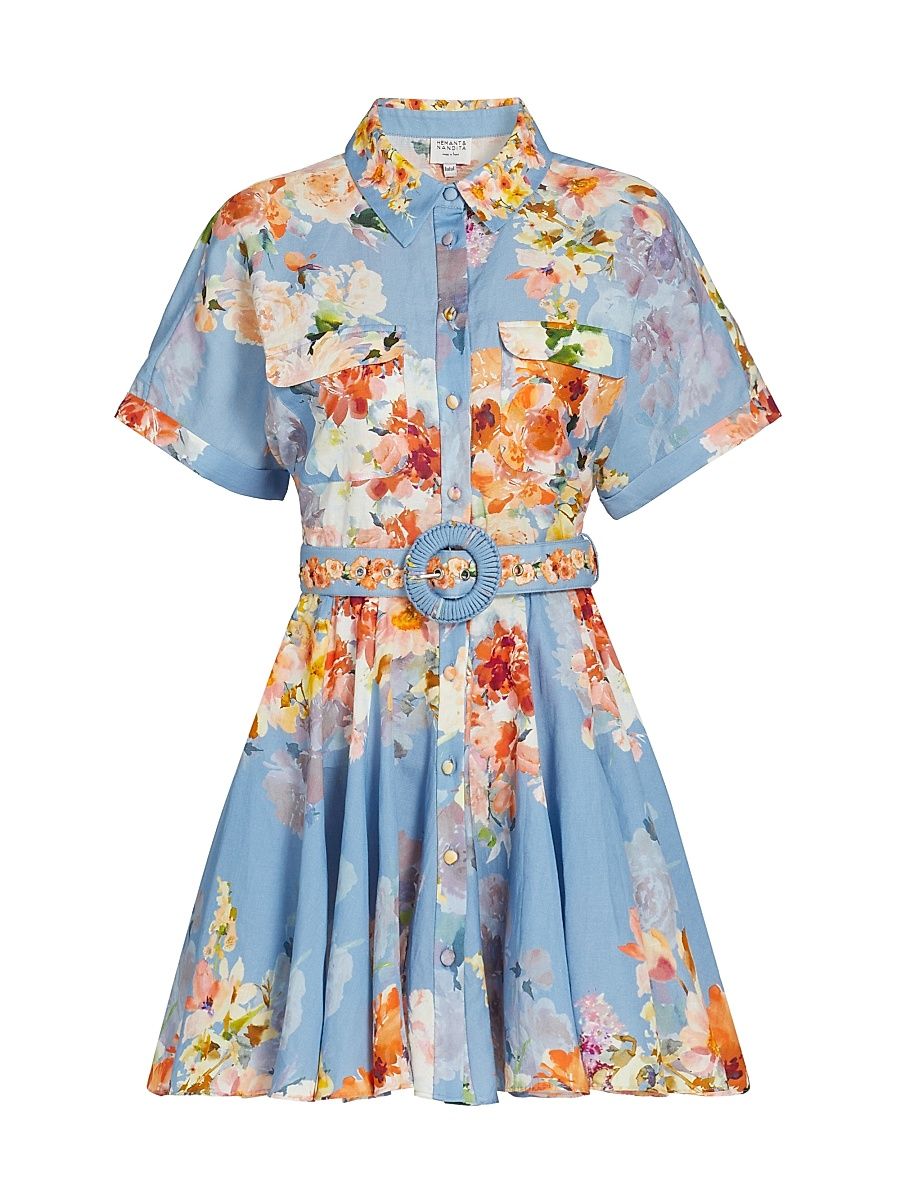 Women's Saba Floral Belted Shirtdress - Blue Floral - Size XL