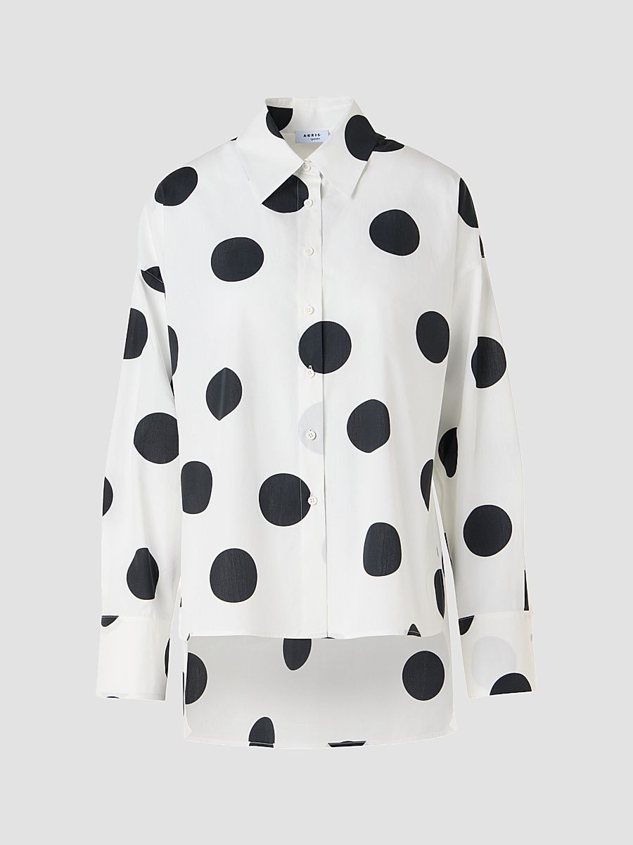 Women's Polka Dot Cotton Oversized High-Low Shirt - Cream Black - Size 16