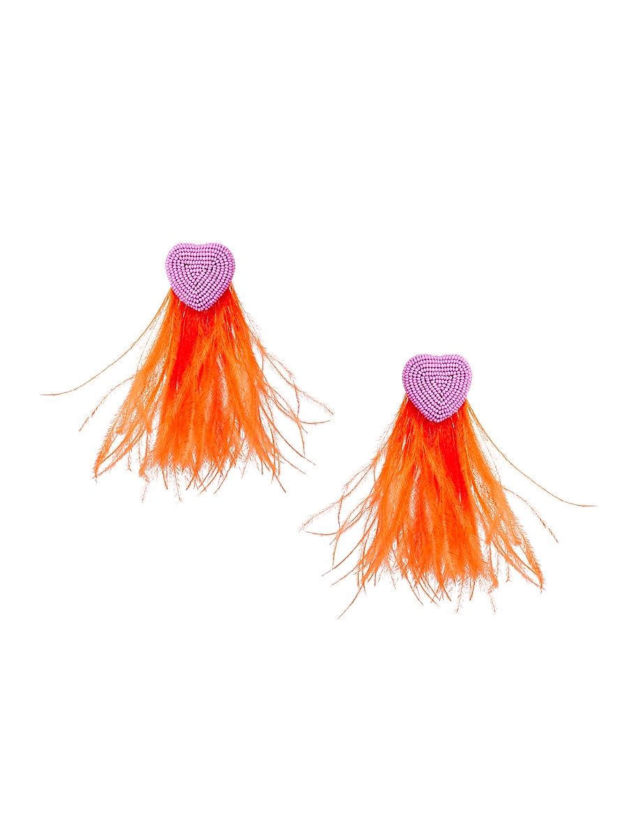 Women's Cupid Beaded Heart & Feather Earrings - Orange Pink