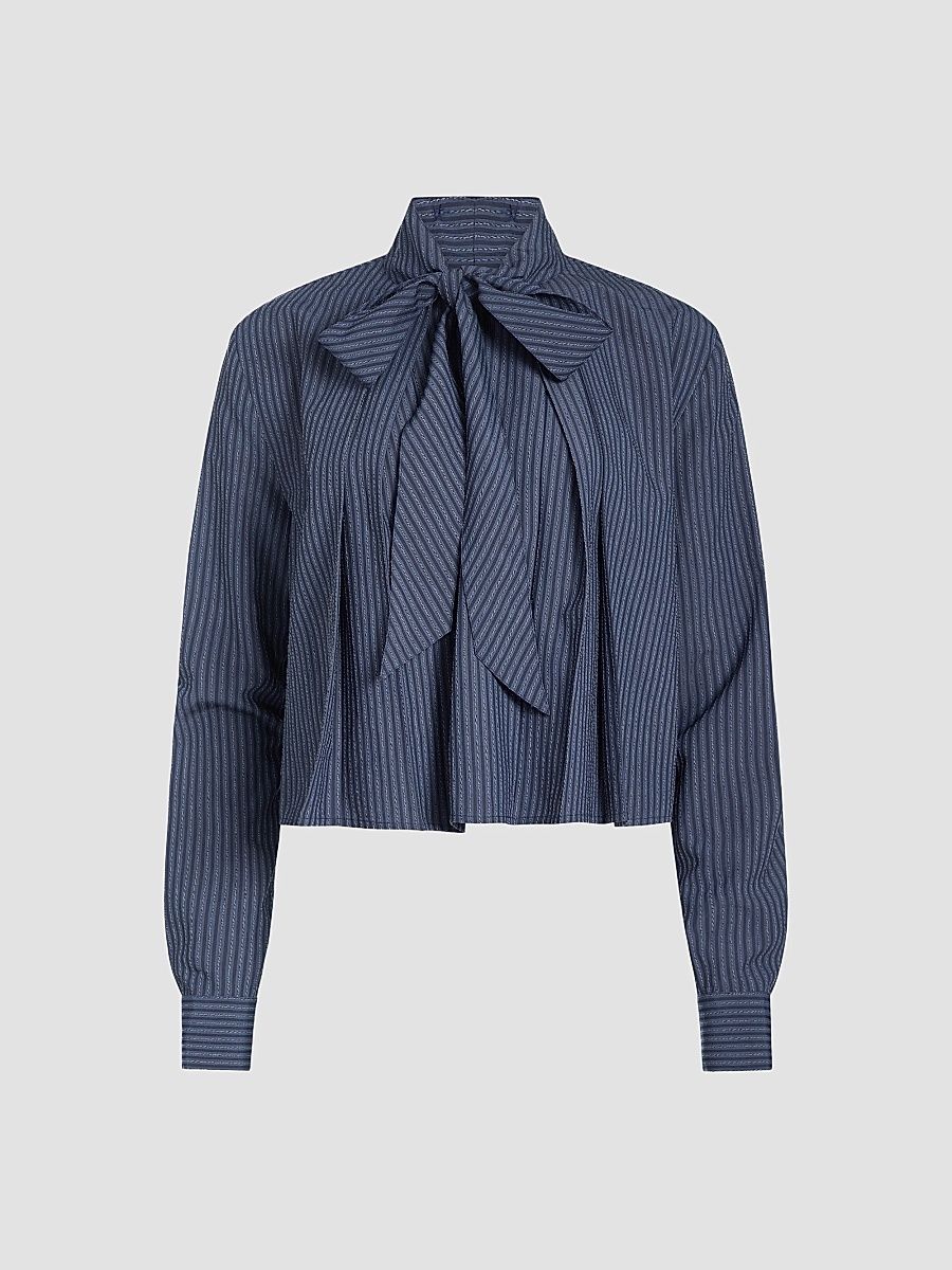 Women's Aiden Striped Poplin Tieneck Blouse - Navy Blue - Size XL