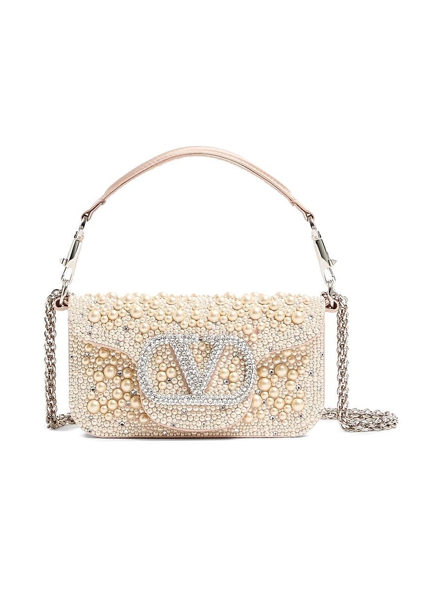 Women's Locò Small Shoulder Bag with Pearls, Rhinestones and Jewel Logo - Off White