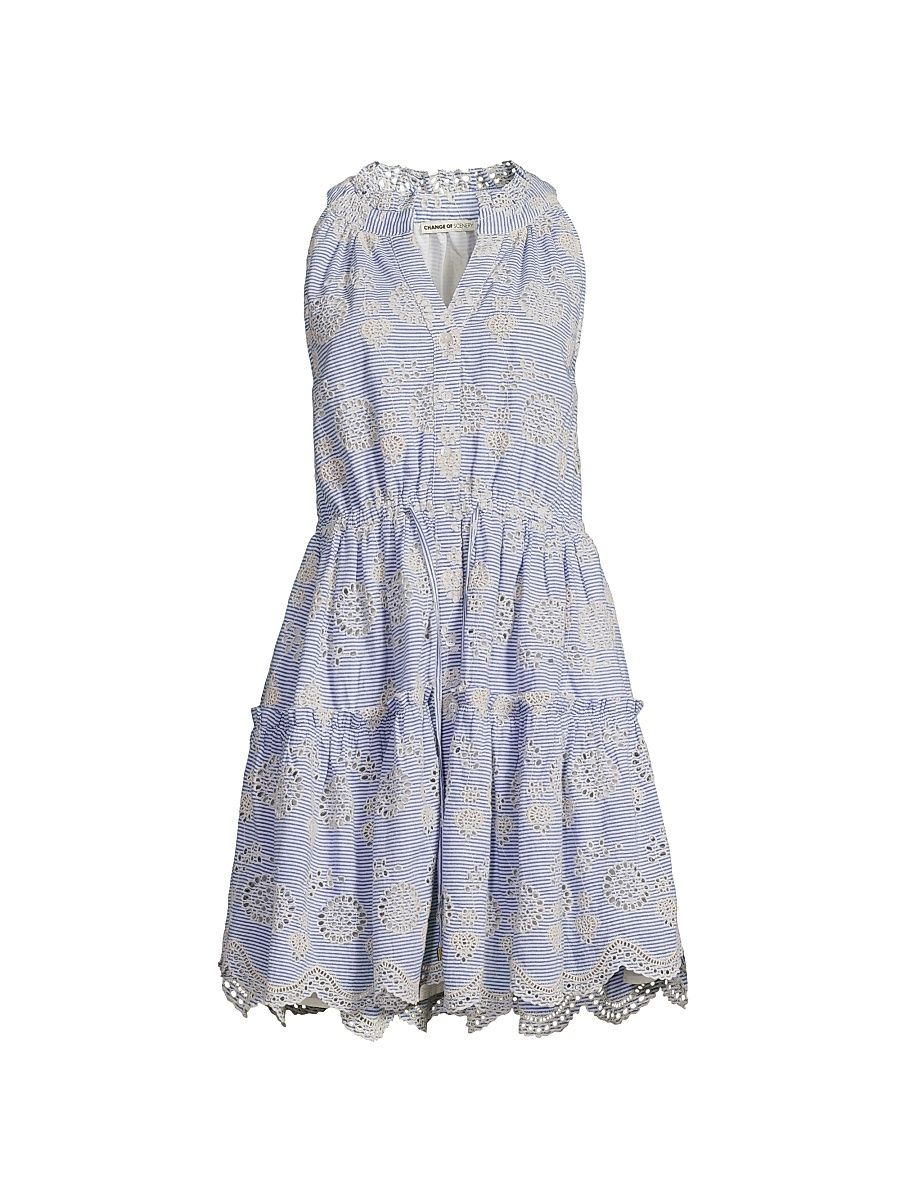 Women's Charlotte Embroidered Striped Cotton Midi-Dress - Sky Natural - Size Small