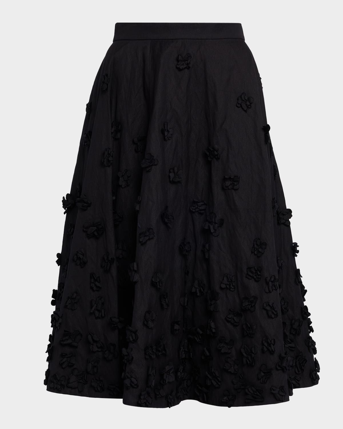 Floral Applique Crushed Cotton Gabardine Midi Circle Skirt