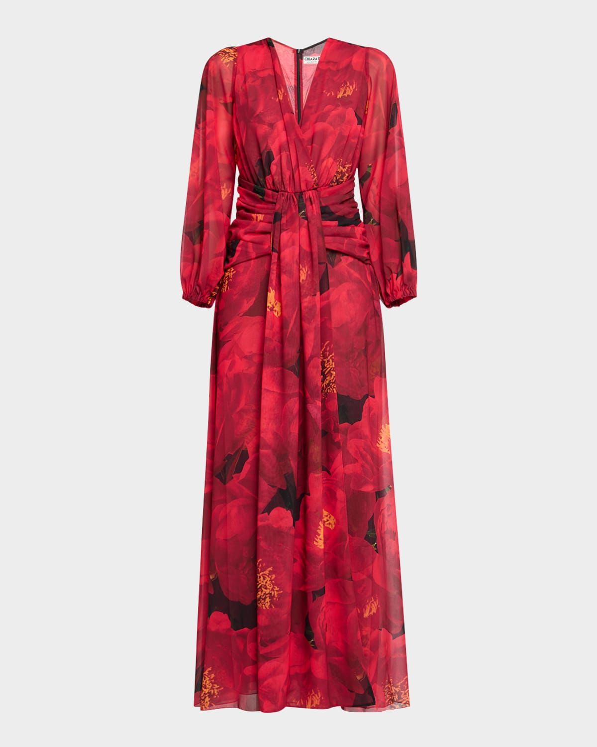 Draped Floral-Print Gown