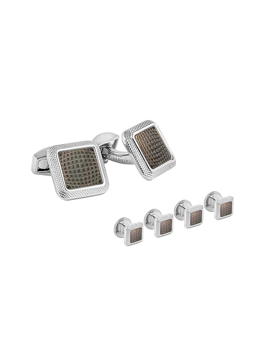 Men's Spazio Square Mother of Pearl Cufflinks & Shirt Studs Set - Silver