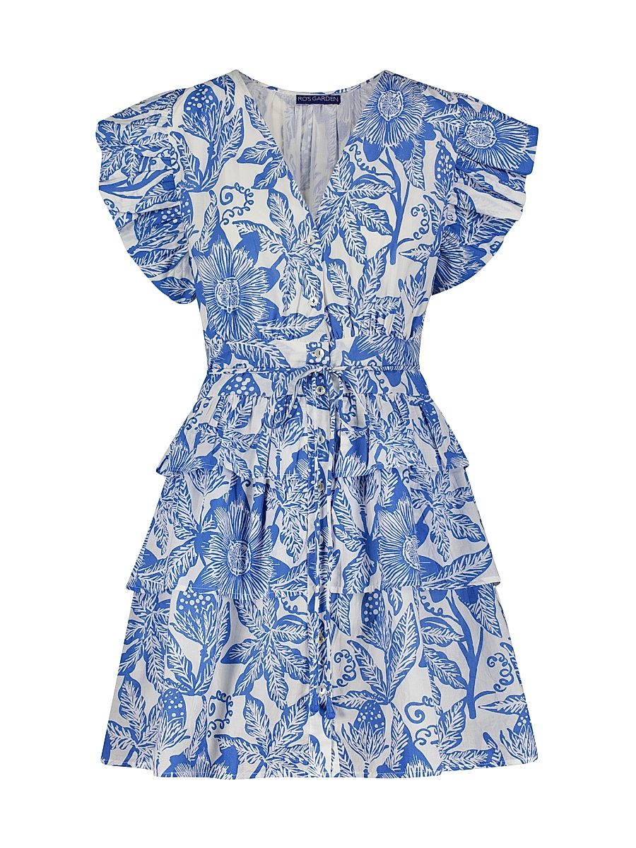 Women's Floral Cotton Tiered Minidress - Blue - Size XS