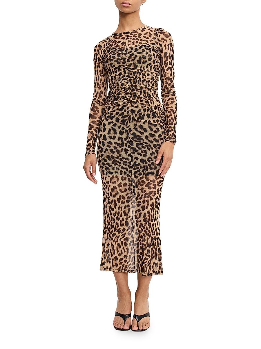 Women's Leopard Mesh Ruched Maxi Dress - Lucky Leopard - Size XS