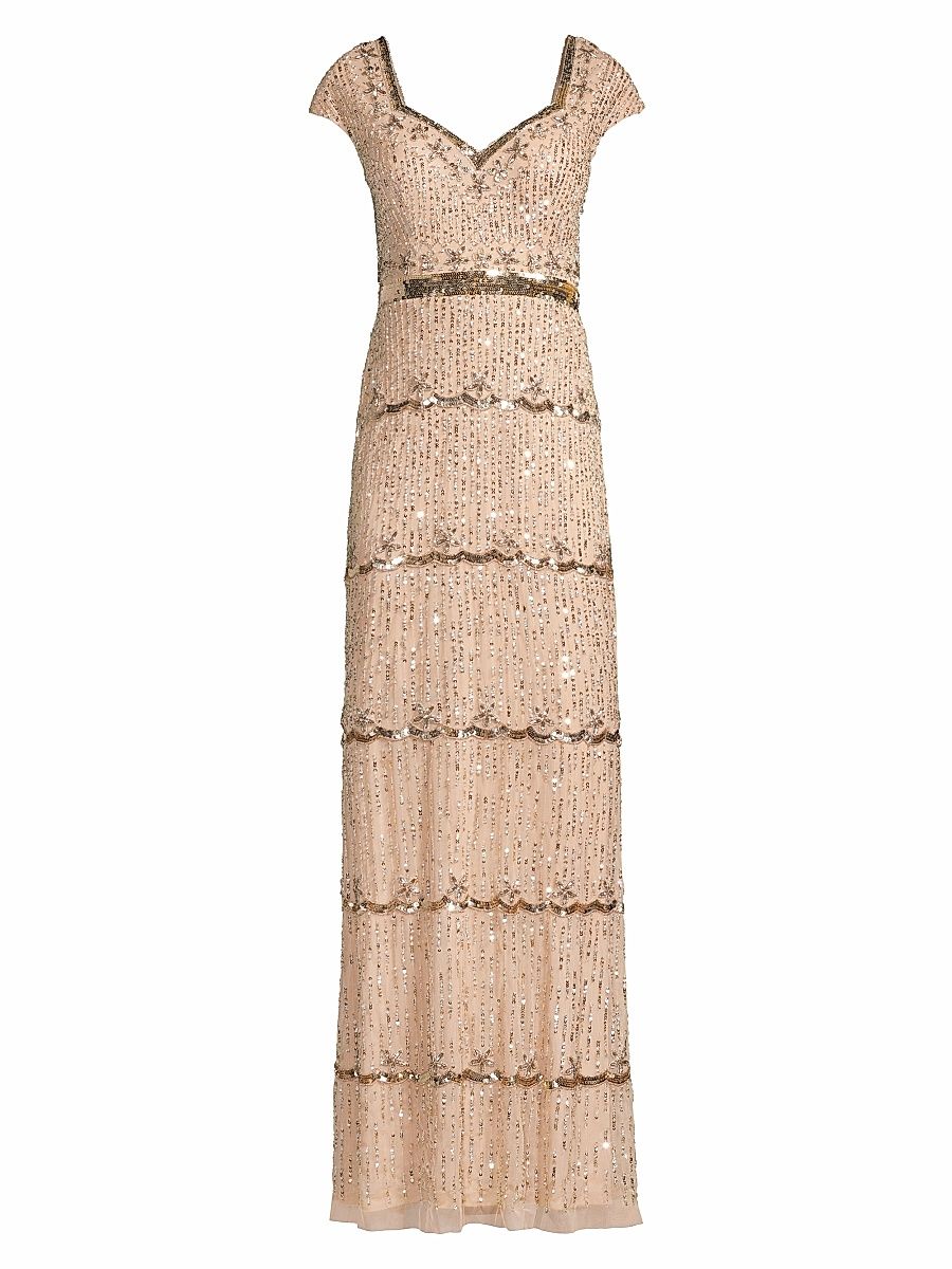 Women's Embellished Cap Sleeve Gown - Beige - Size 16