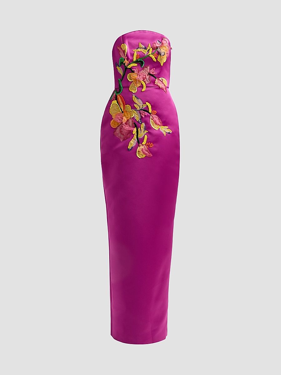 Women's Floral Satin Strapless Column Gown - Magenta - Size 14