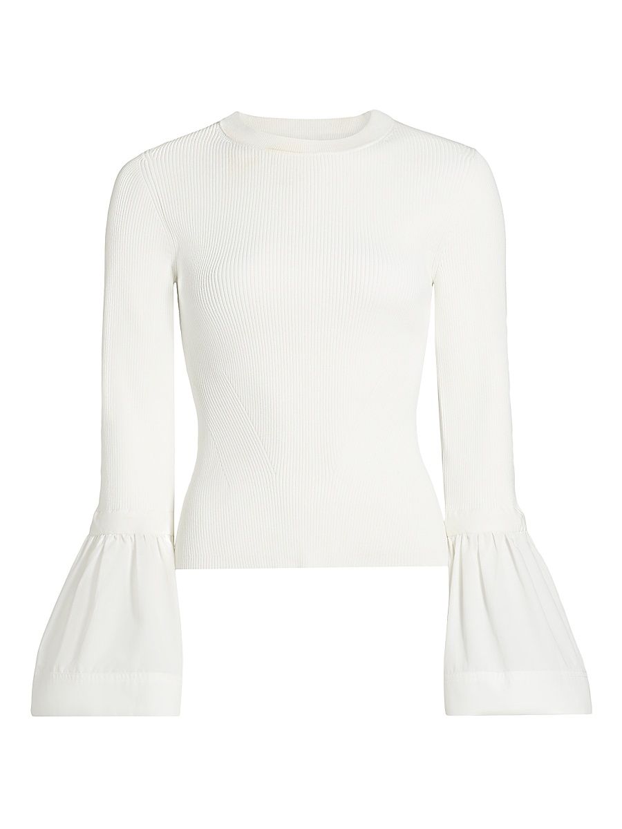 Women's Agata Ribbed Poplin-Cuff Top - White - Size Large