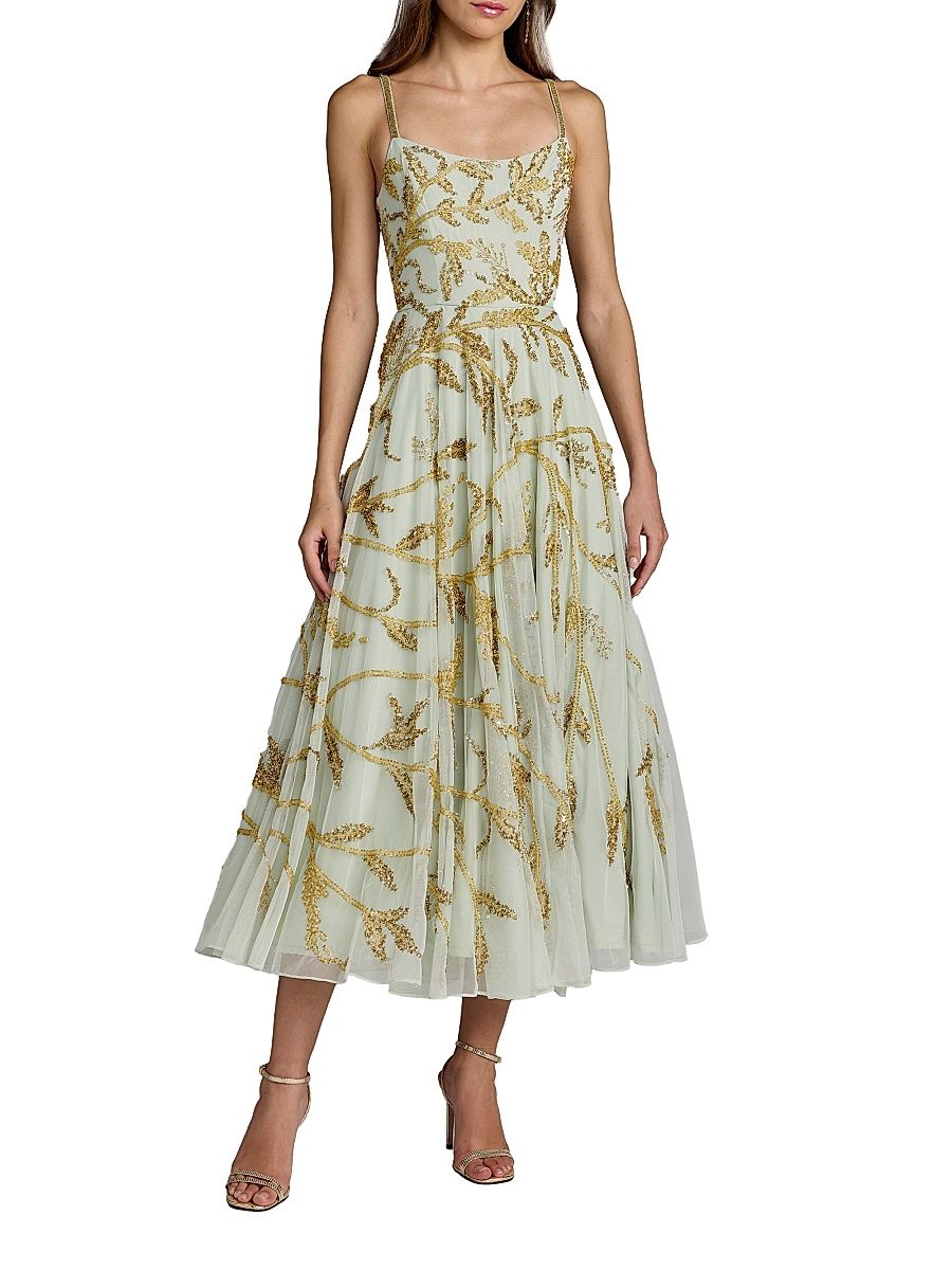 Women's Embellished Mesh Midi-Dress - Seafoam Gold - Size 14