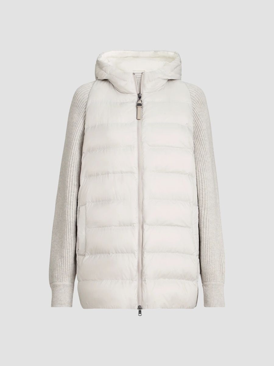 Brunello Cucinelli Women's Water-Resistant Matte Nylon Hooded Down Jacket - Light Grey - Size 14
