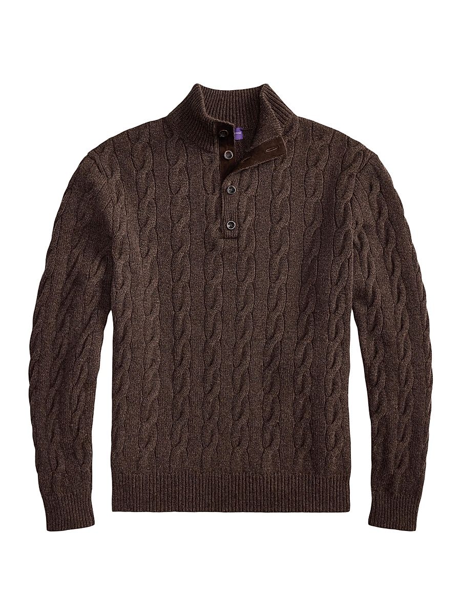 Men's Cable-Knit Cashmere Stand-Neck Sweater - Dark Taupe Melange - Size XL