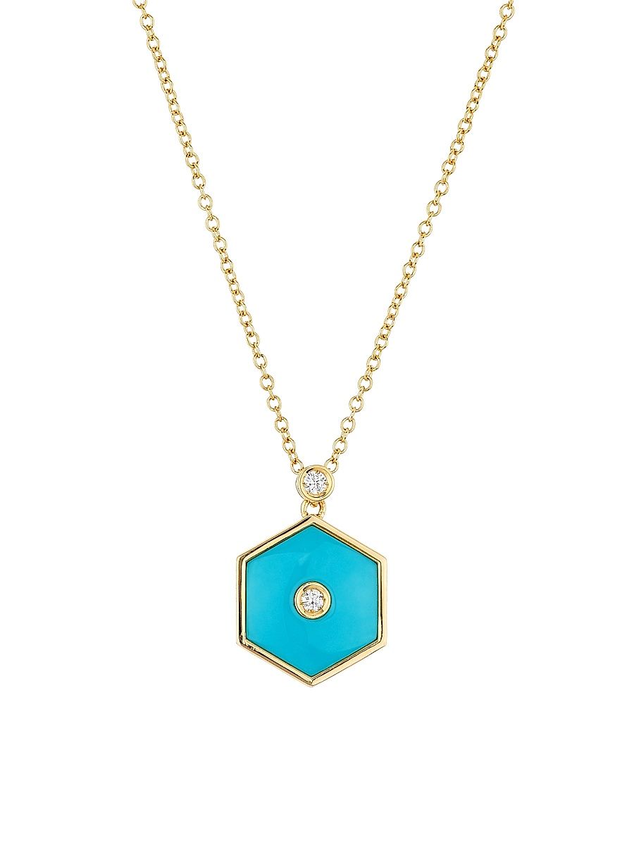 Women's Baia Sommersa 18K Yellow Gold, Turquoise & 0.07 TCW Diamond Hexagonal Pendant Necklace - Yellow Gold