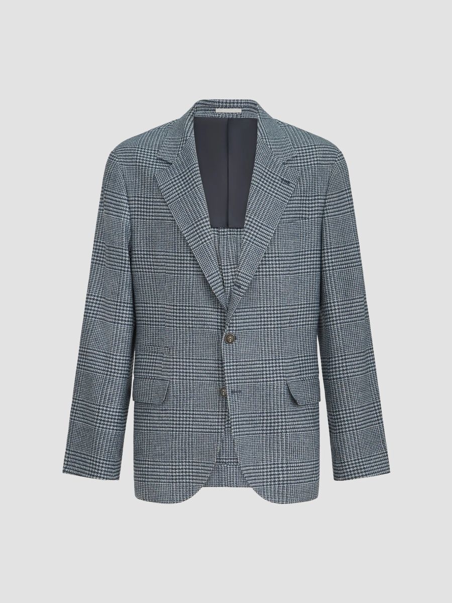 Brunello Cucinelli Men's Comfort Wool and Cashmere Prince of Wales Flannel Deconstructed Blazer - Cerulean - Size 36