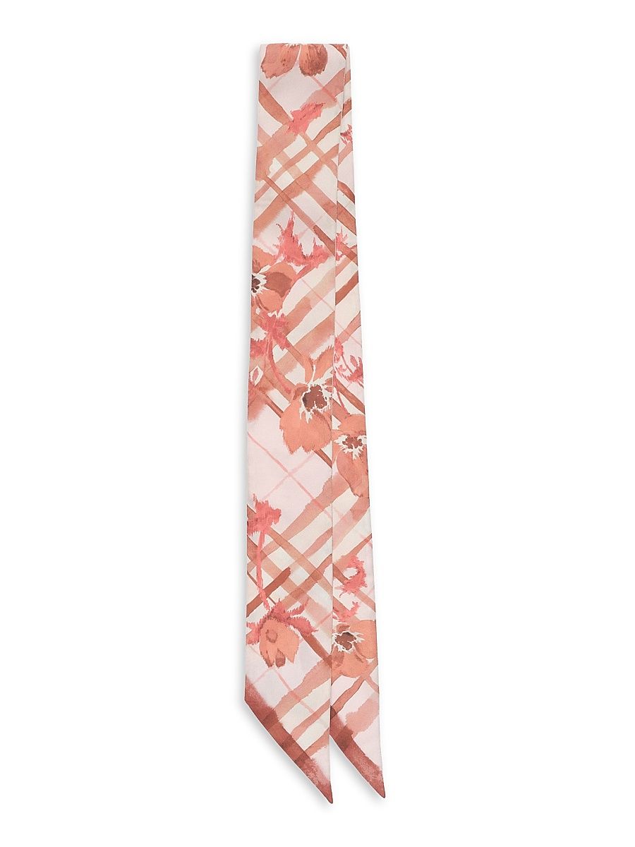 Women's Floral Checked Silk Skinny Scarf - Quartz Pink