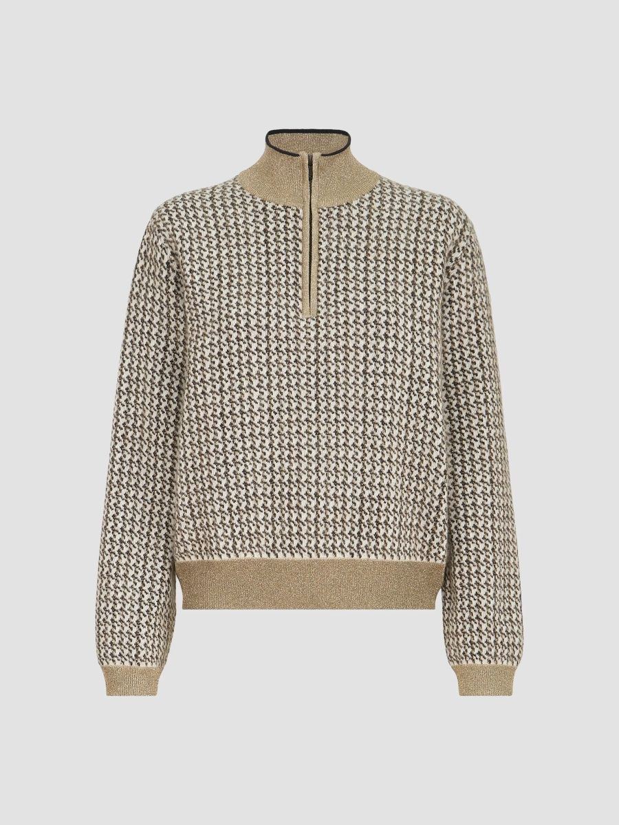 Brunello Cucinelli Women's Mohair, Virgin Wool and Cashmere Sparkling Houndstooth Turtleneck Sweater - Light Brown - Size XXL
