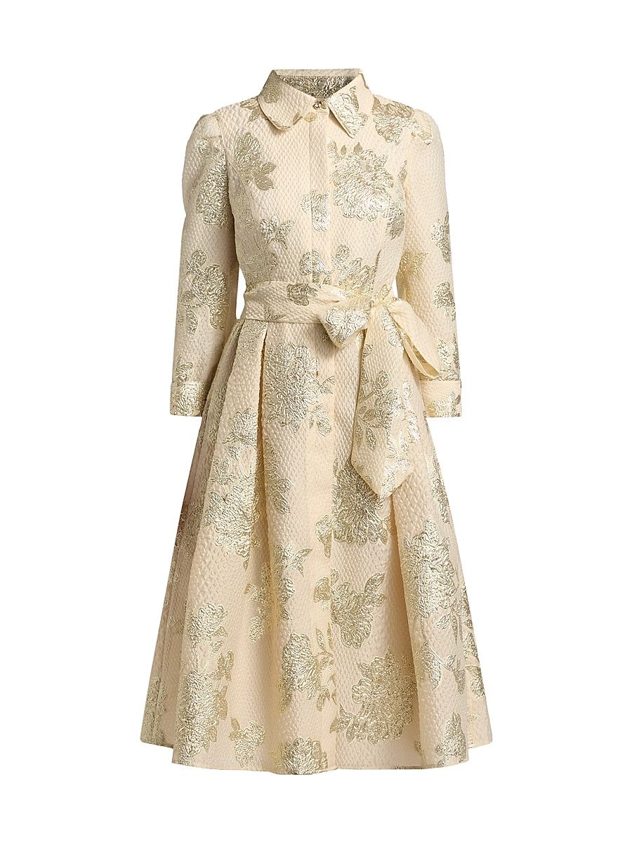 Women's Metallic Floral Jacquard Midi-Shirtdress - Gold - Size 18