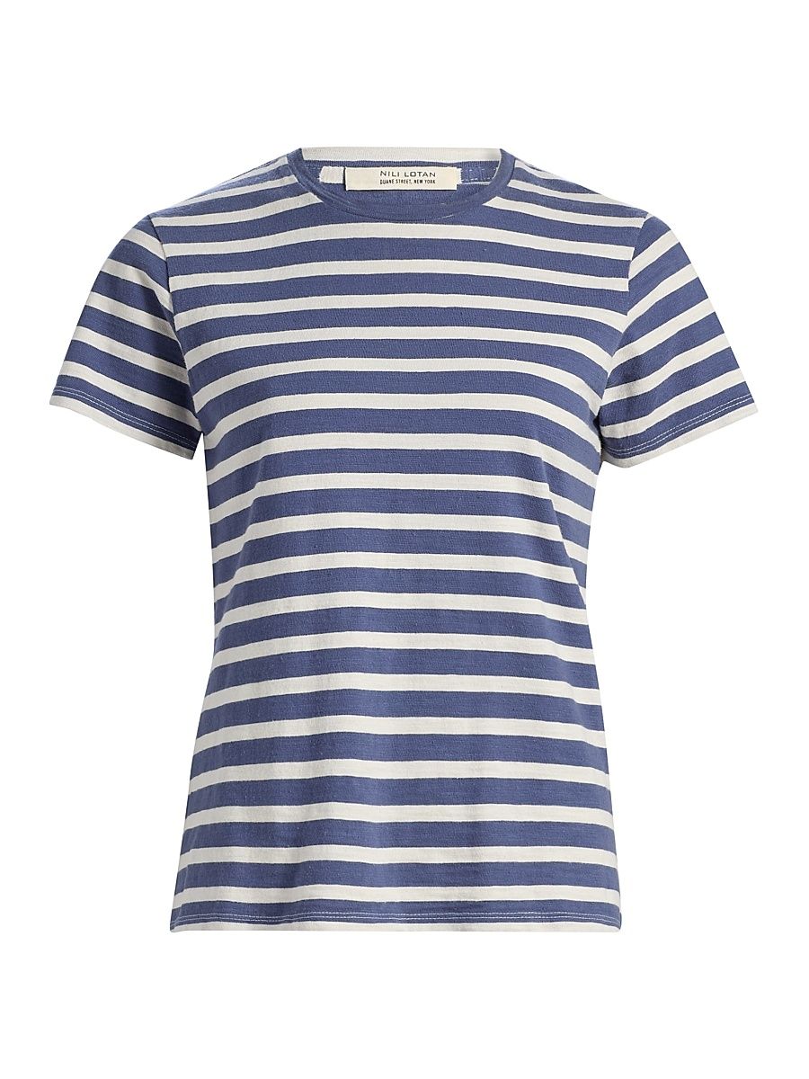 Women's Lana Striped Cotton T-Shirt - French Blue Off White Stripe - Size XL