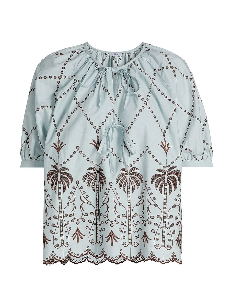 Women's Catalene Embroidered Cotton Top - Ocean Palms Embroidery - Size XS