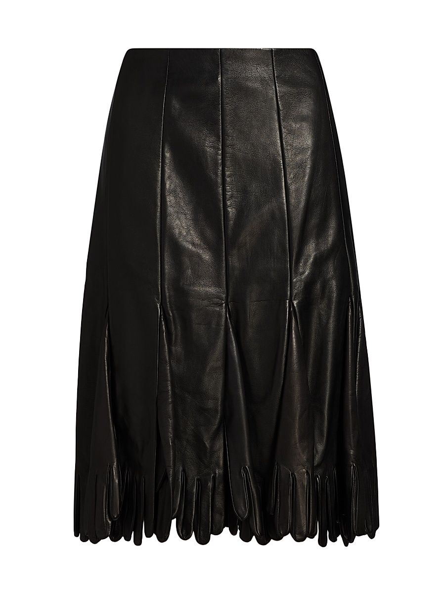 Women's Leather Pleated Midi-Skirt - Black - Size 10