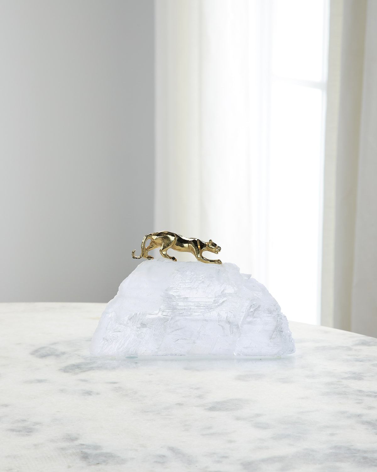 Prowling Brass Panther Sculpture on Selenite