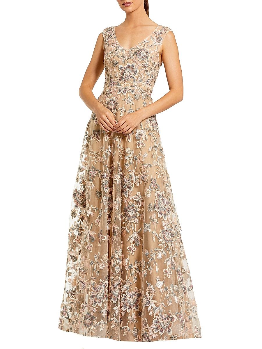 Women's Floral Embroidered V-Neck Gown - Taupe - Size 14