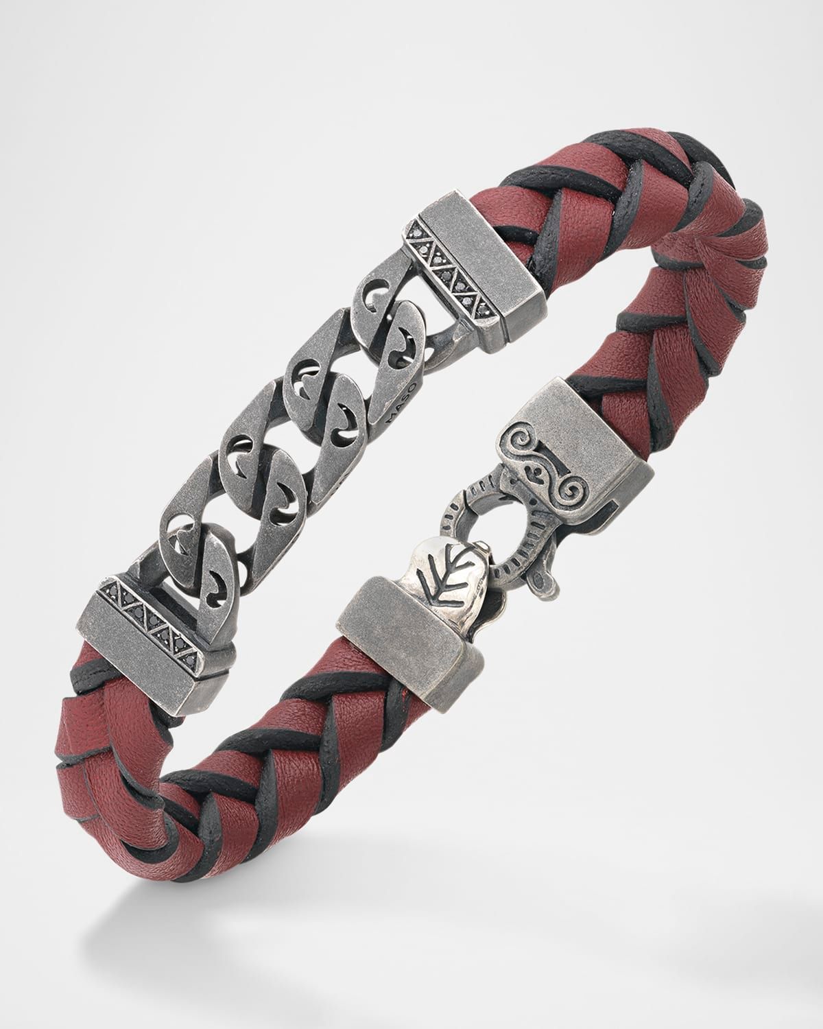 Men & apos;s Flaming Tongue Braided Leather and Silver Bracelet with Black Diamonds