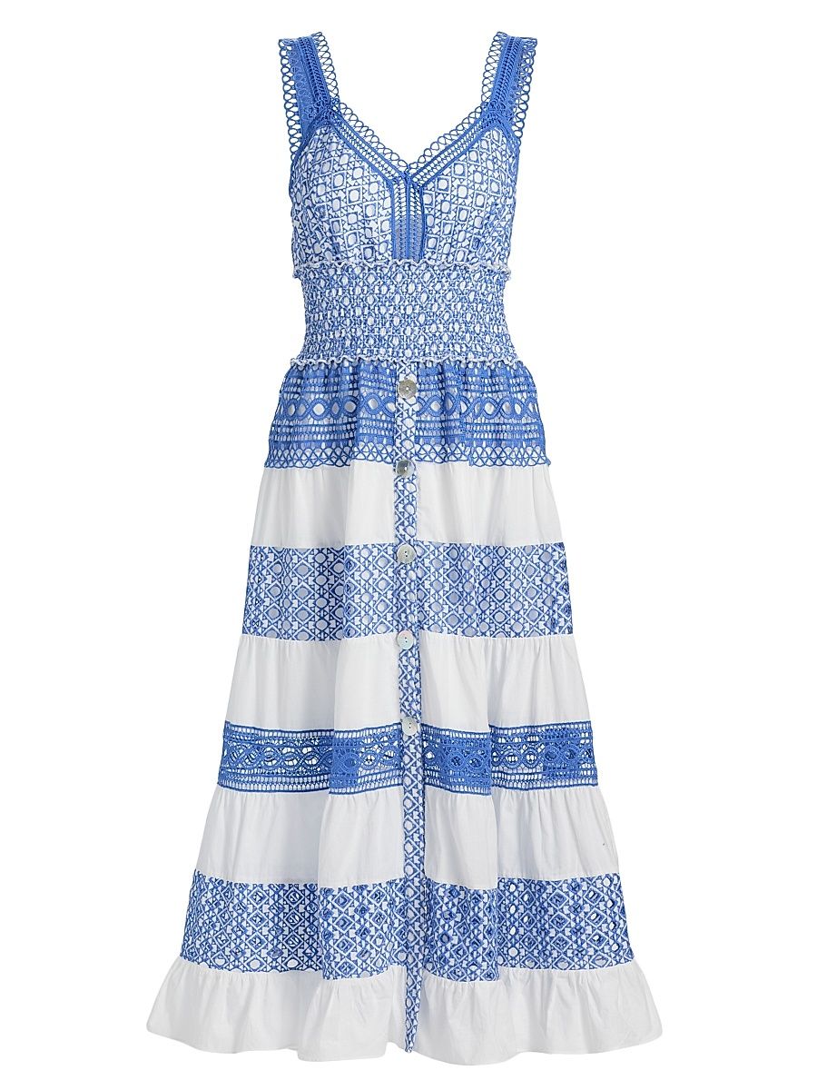 Women's Eyelet-Trimmed Cotton Midi-Dress - White Blue - Size Large