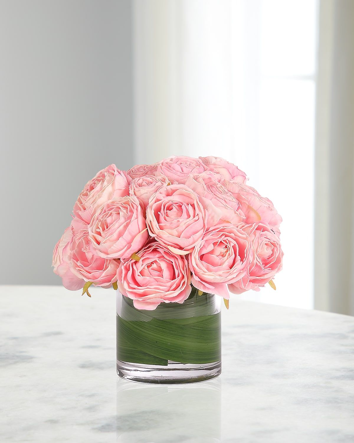 Pink Roses 9" Faux Floral Arrangement in Glass Cylinder