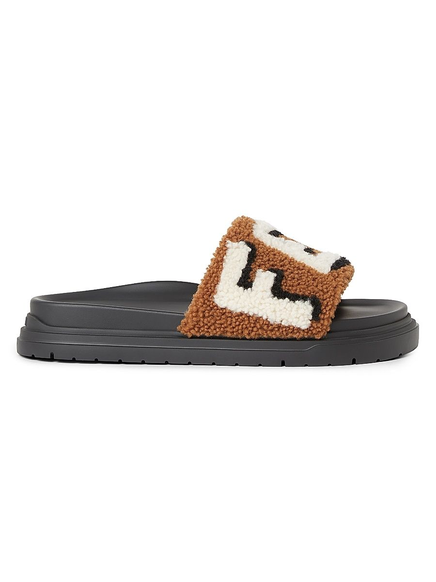 Men's Logo Shearling Slide Sandals - Latte Nero - Size 9