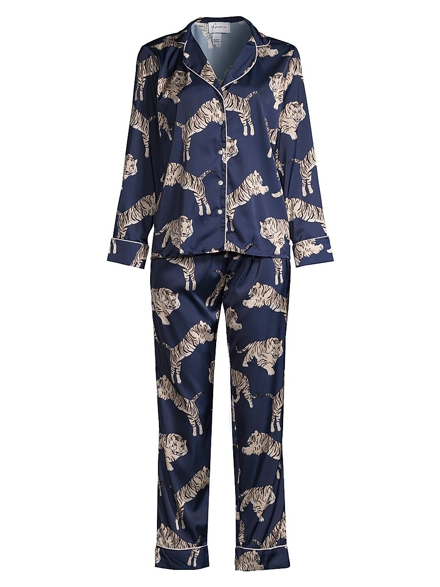 Women's Two-Piece Tiger Print Pajama Set - Navy Blue - Size XL