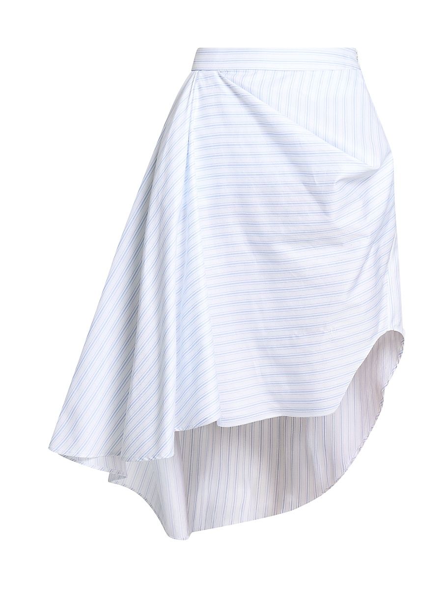 Women's Asymmetric Draped Striped Cotton Midi-Skirt - White Blue - Size 10