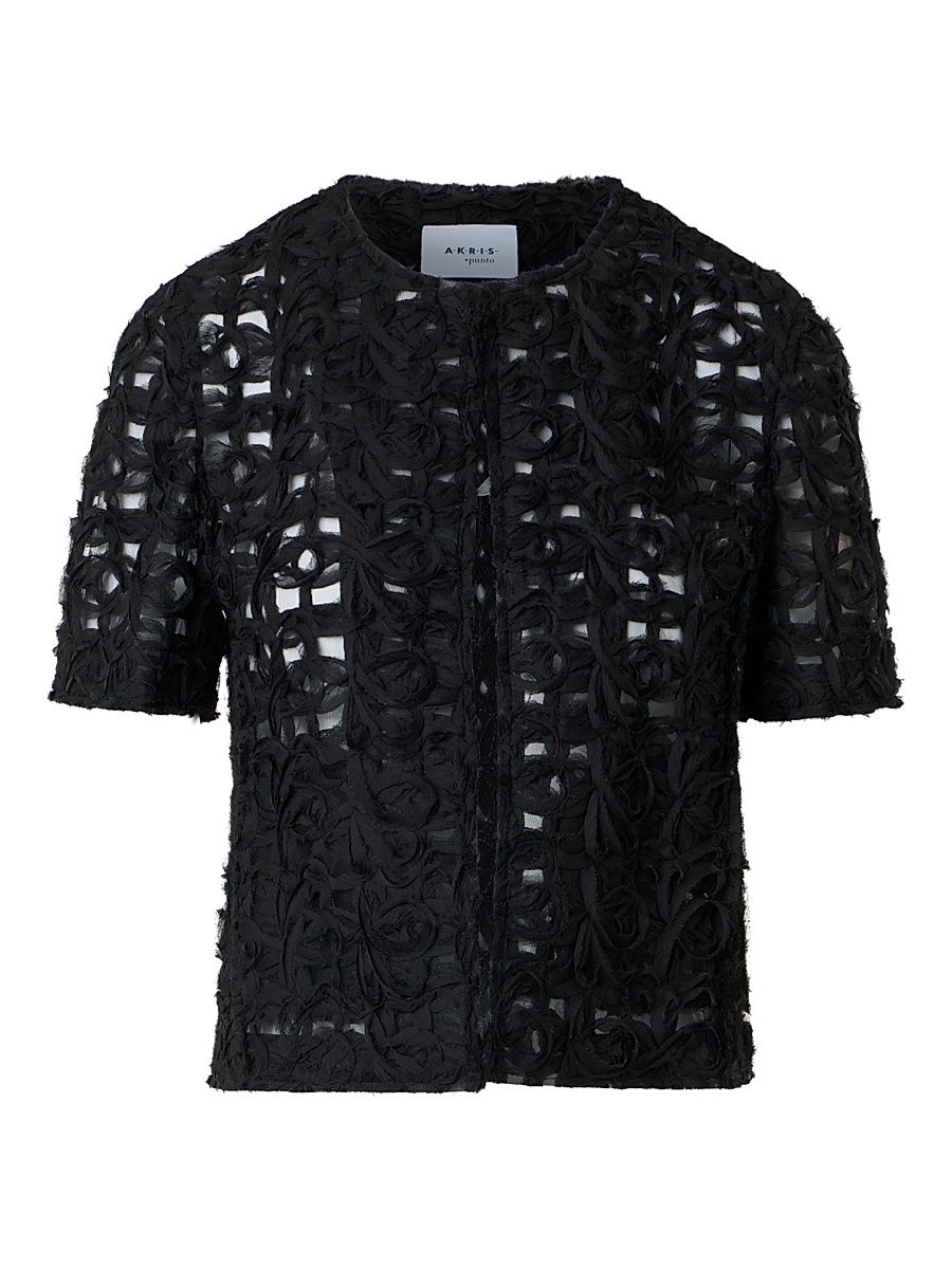 Women's Embroidered Tulle Crewneck Jacket - Black - Size 14