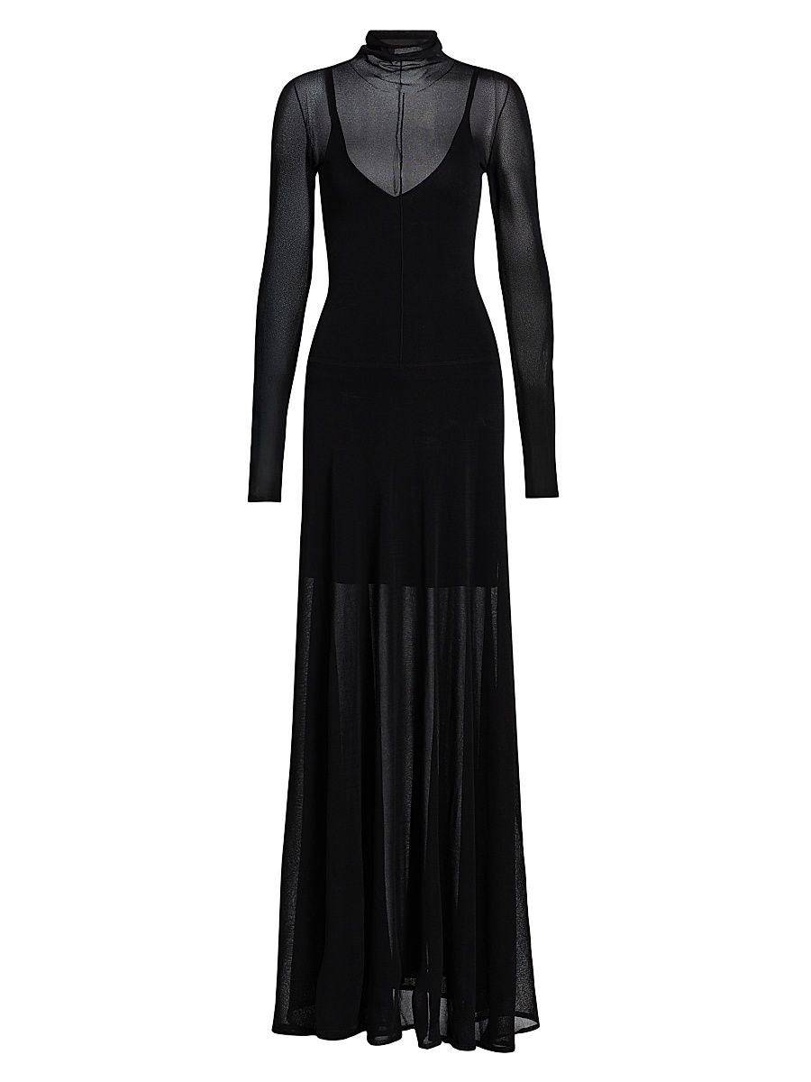 Women's Semi-Sheer Long-Sleeve Turtleneck Maxi Dress - Black - Size Large