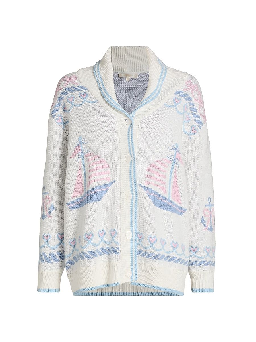 Women's Aribella Rib-Knit Nautical Cotton Cardigan - Seaglass Kiss - Size XL