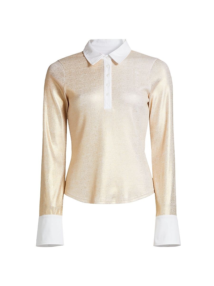Women's Jaden Metallic Stretch-Cotton Shirt - Gold White - Size XL